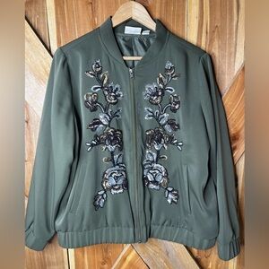 Chico’s Sequin Florals Green Bomber Jacket Size 2